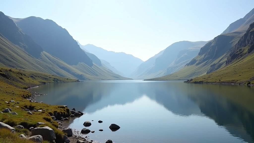 Glanmore Lake surrounded by mountains, calm water reflecting sky and peaks