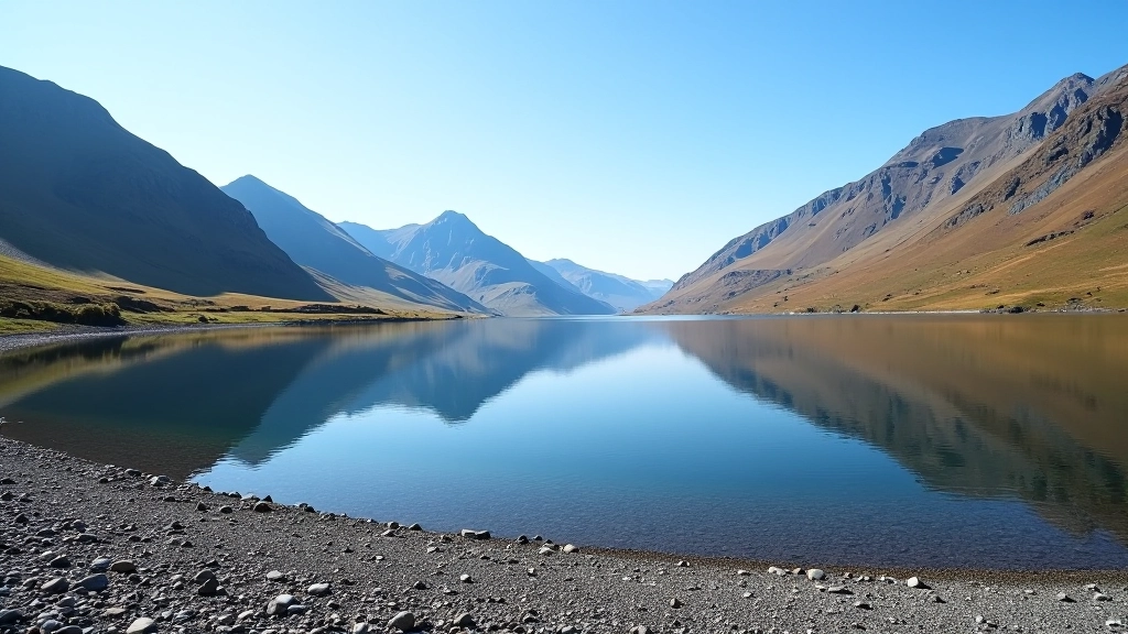 Clear alpine lake with mountain reflection, gravel beach, calm water