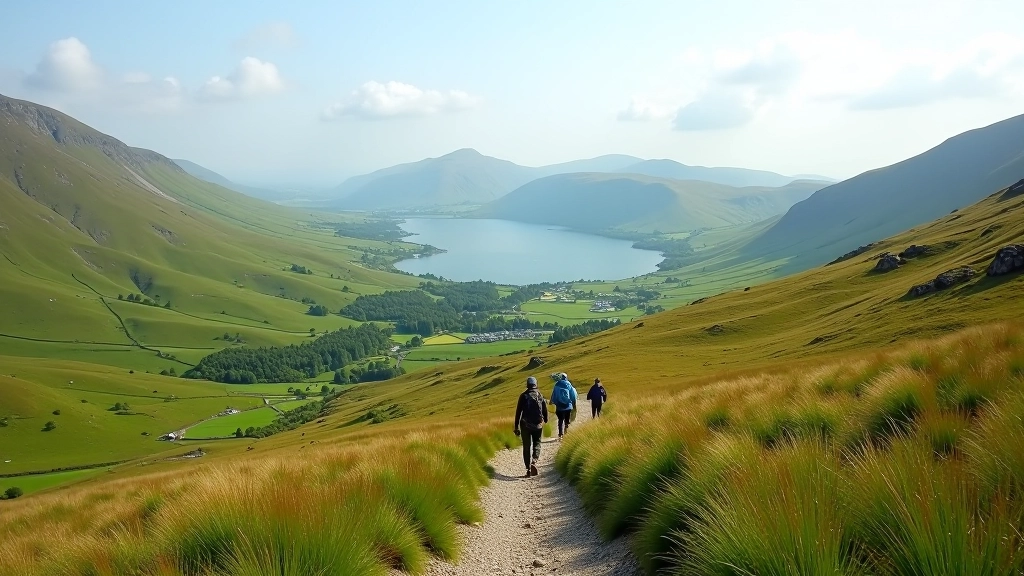 Hiking trail descending through green landscape with valley views