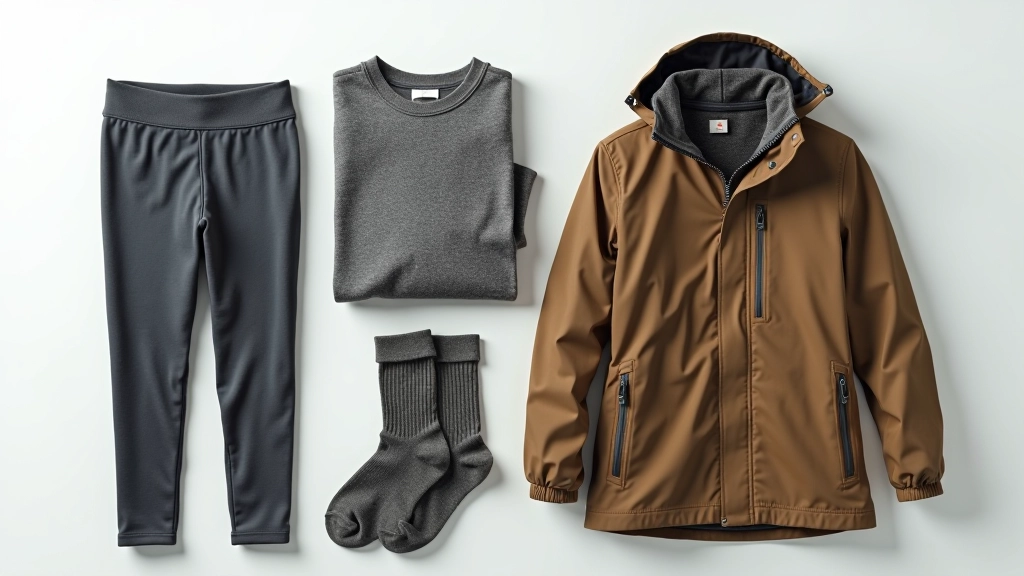 Layered hiking clothing items including thermal leggings, fleece sweater, and waterproof jacket displayed flat