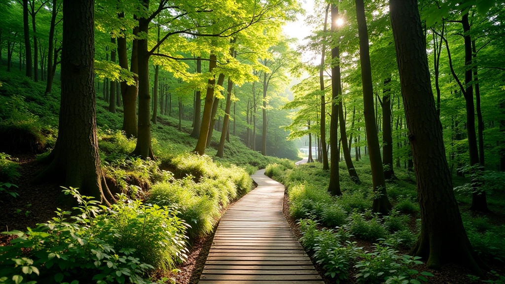 Forest trail with wooden boardwalk, sunlight filtering through trees