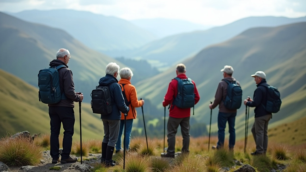 A group of experienced walkers enjoying the view from a mountain vantage point