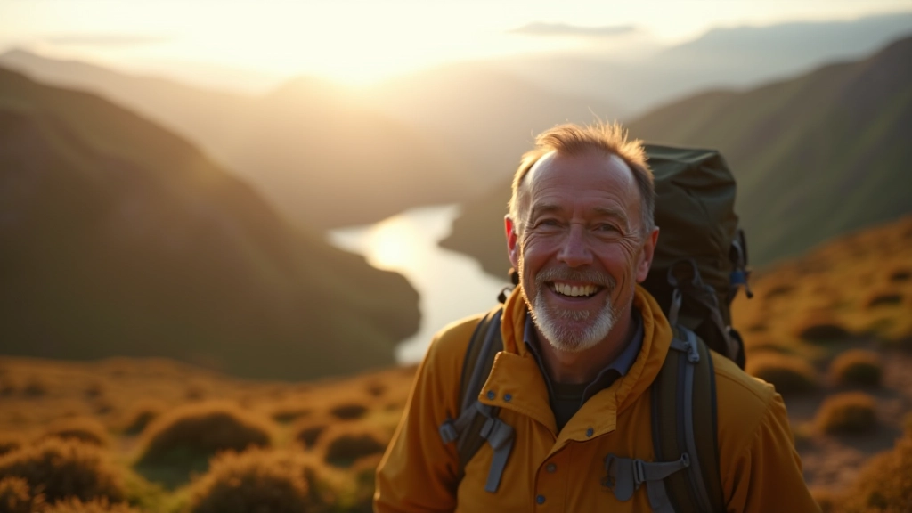 Hiker on mountain trail in early morning light, starting ascent at moderate pace with fresh energy