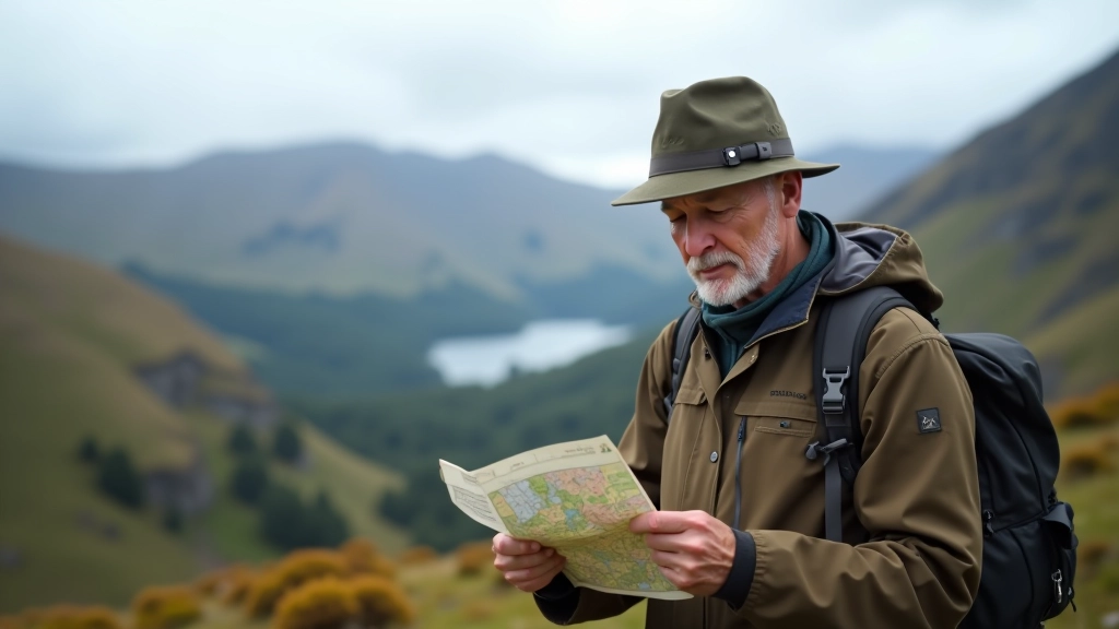 Hiker examining hiking map at scenic viewpoint, planning route and pacing strategy for the day