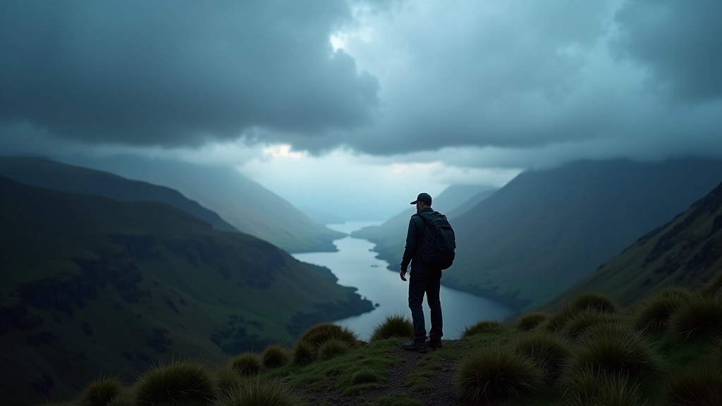 Hiker looking out at deteriorating weather conditions with dark clouds approaching mountains