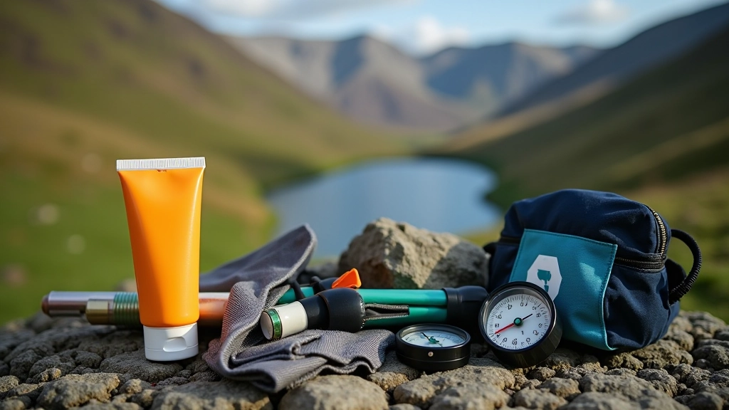 Collection of hiking accessories including sunscreen, walking poles, first aid kit, and other practical items