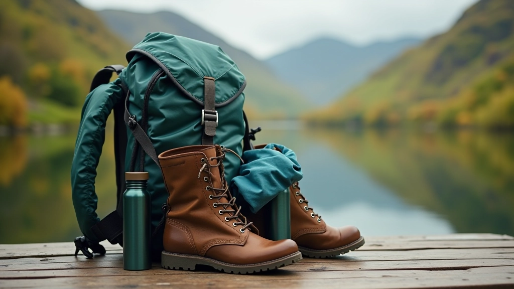 Hiking backpack with boots, water bottle, and rain jacket arranged on wooden surface