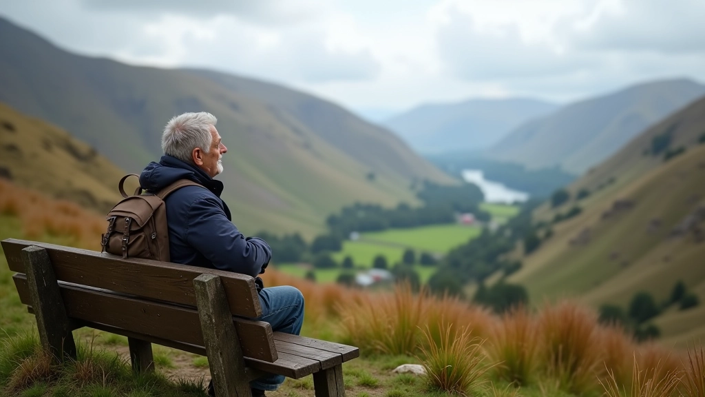 Pensioner hiker resting on mountain bench with valley view behind, enjoying the landscape