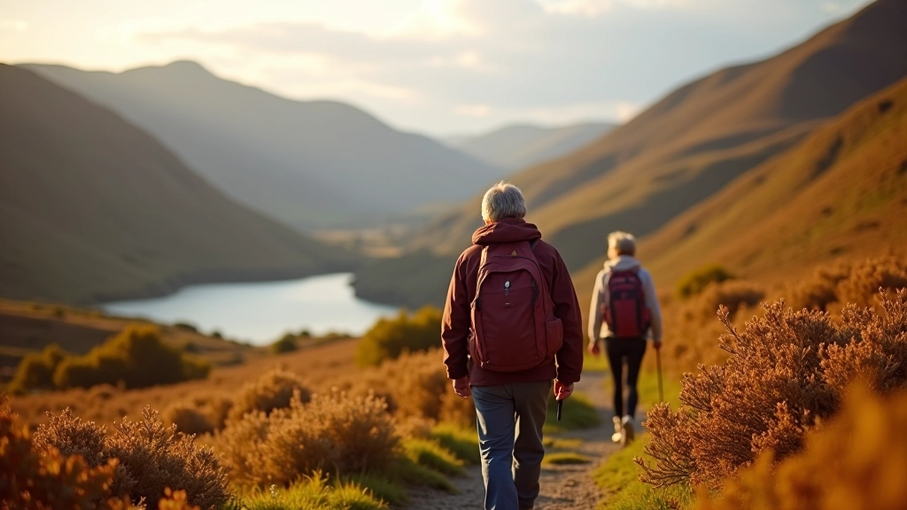 Experienced hikers enjoying a mountain trail with panoramic lake views