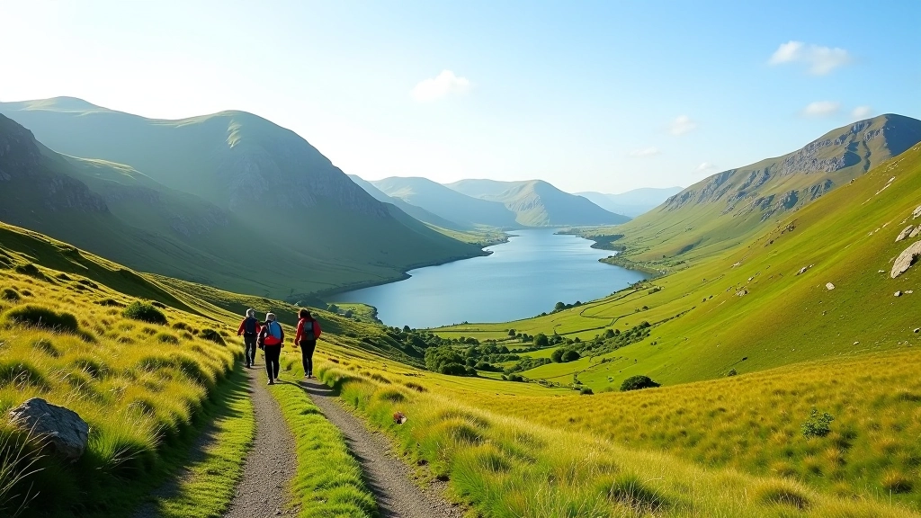 Scenic mountain pass with hiking trail winding through green slopes in County Kerry