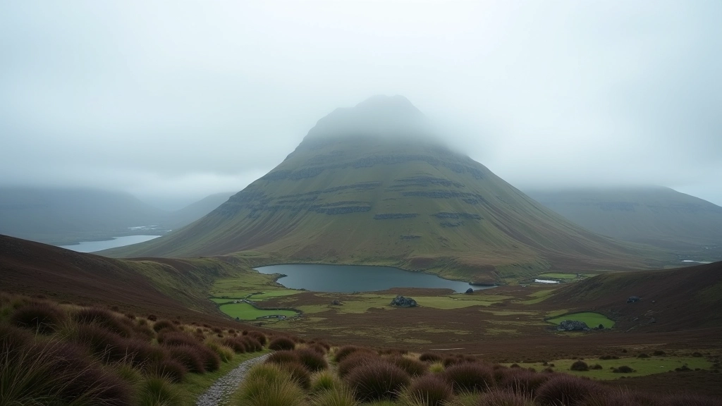 Mountain peak with low cloud cover and misty conditions over rolling Kerry landscape