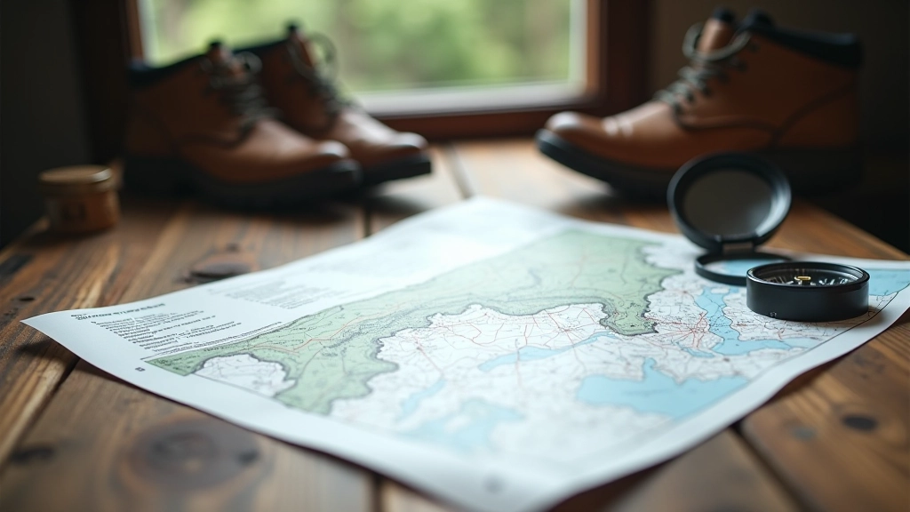 Open map and compass on wooden table with hiking boots nearby, outdoor gear setup