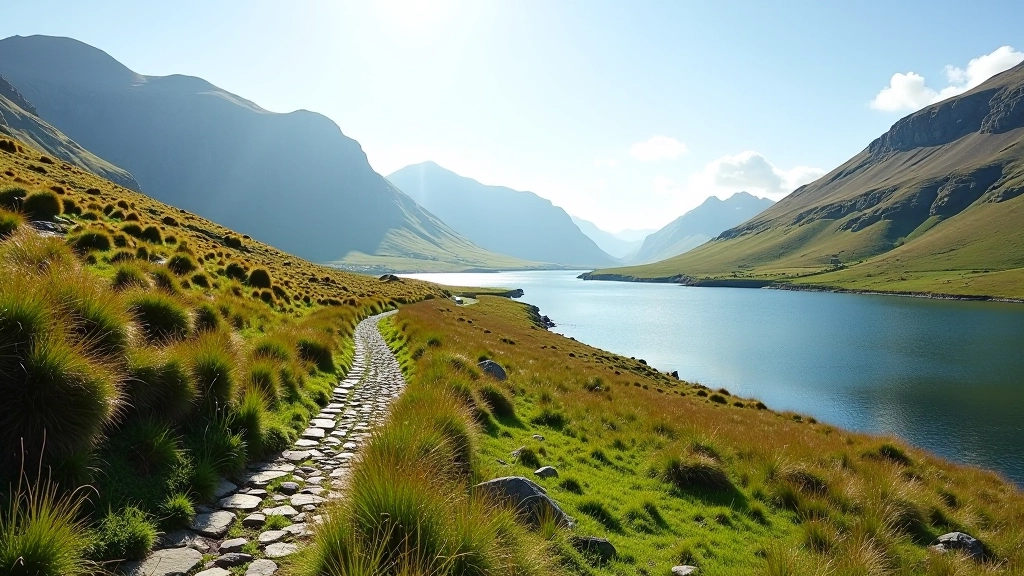 Mountain lake trail winding through green vegetation, clear sky above